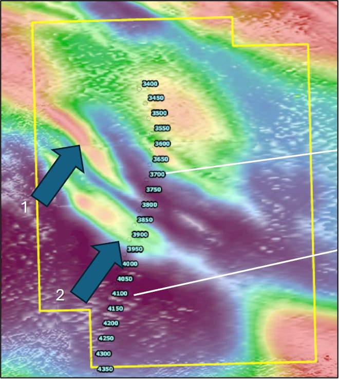 Figure 3 Anomalies 1 And 2, Filtered By VRMI MLE 2500m, Interpreted By Mitre Geophysics