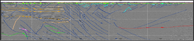 Figure 2 - Updated structural interpretation alongside the seismic reprocessing undertaken by Mitre Geophysics and Internode Seismic