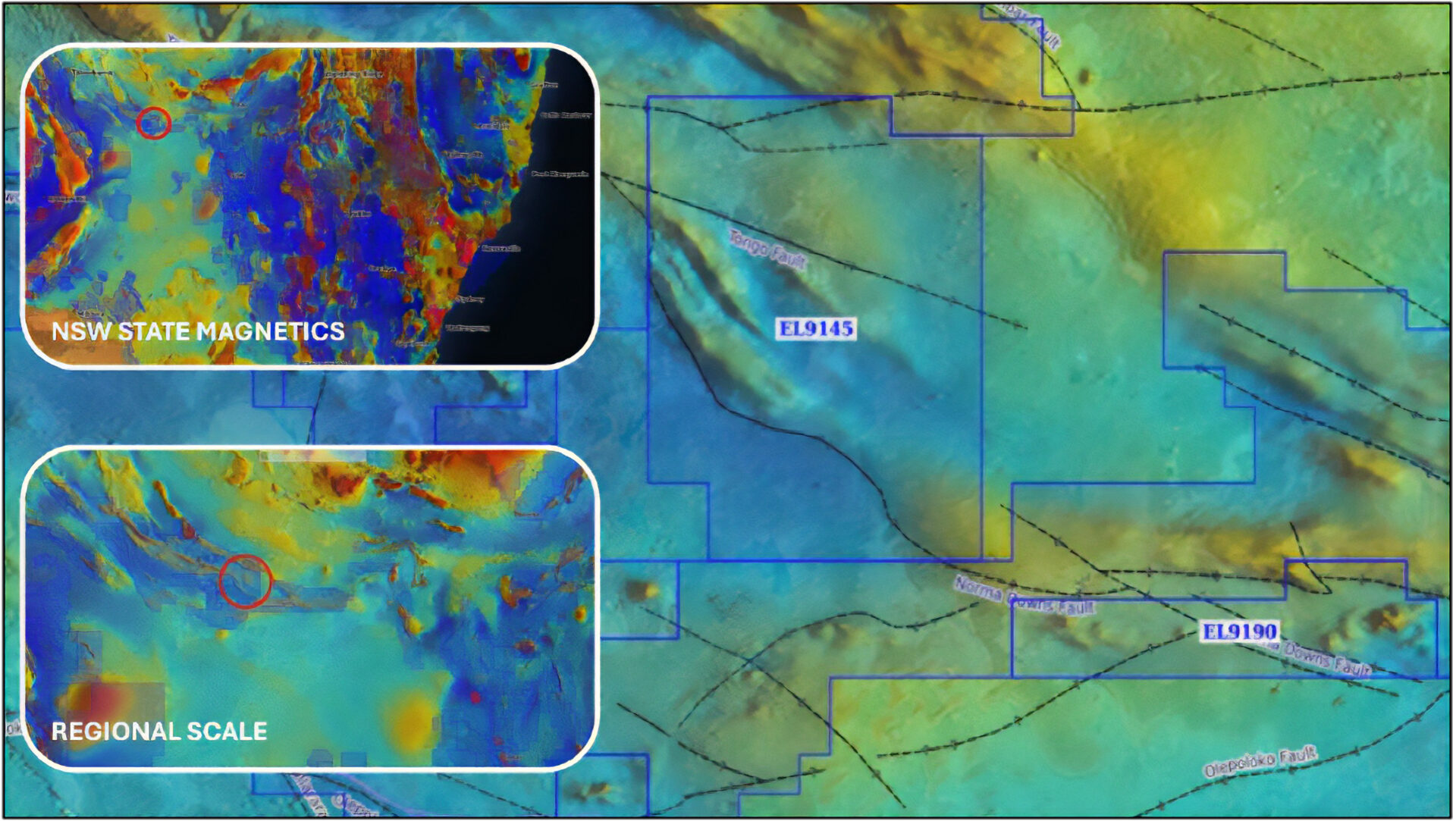 Figure 1: Location Map for EL9145 with statewide Magnetics imagery overlain, statewide and regional scales are shown inset