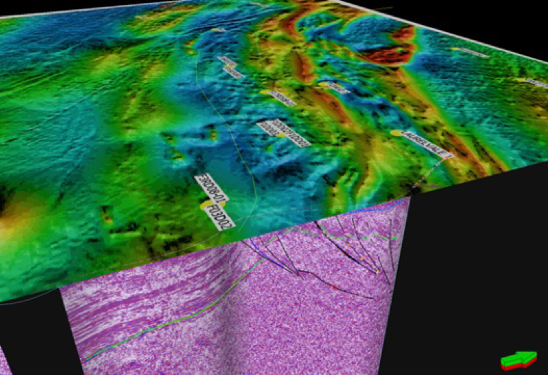 Figure 2: Magnetic imagery overlain across seismic line TL3, highlighting possible major fluid pathways within the structural framework