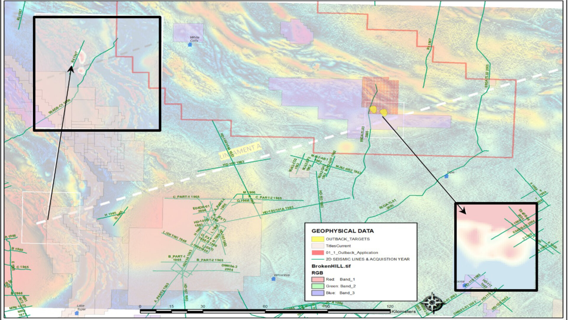 Figure 3: Bullseye style anomalies in the south of the tenement are key areas of interest
